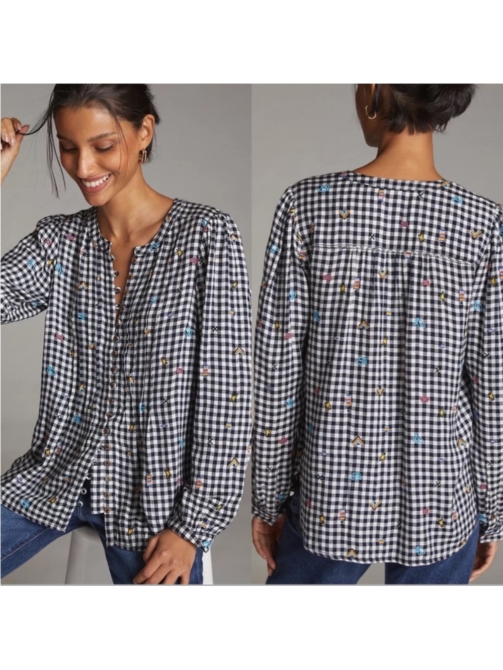 Pilcro Black Gingham Button-Front Top with Multicolor Embroidery